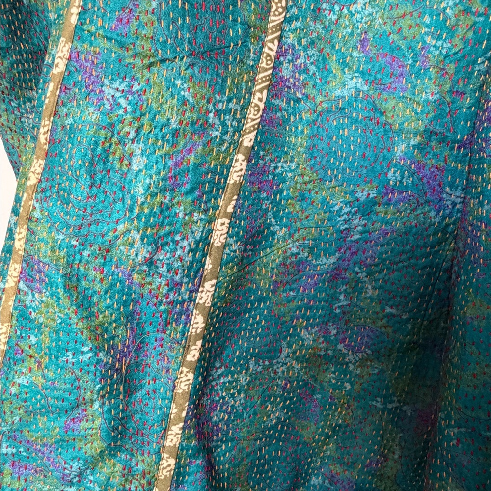 Turquoise Kantha Embroidered Long Jacket – Thread Handwork, Boho Statement - Picture 6 of 6